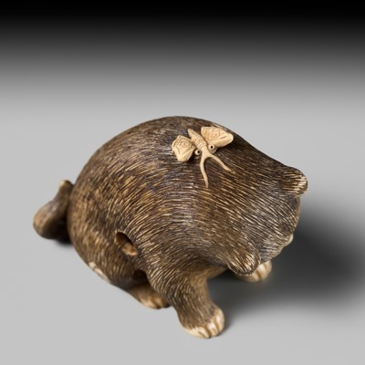 Lot 154 - RAKU: A SUPERB OSAKA SCHOOL IVORY NETSUKE OF A PUPPY AND BUTTERFLY