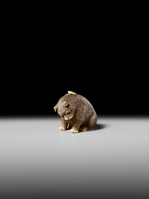 Lot 154 - RAKU: A SUPERB OSAKA SCHOOL IVORY NETSUKE OF A PUPPY AND BUTTERFLY