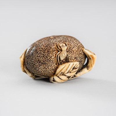 Lot 1523 - A SMALL IVORY NETSUKE OF A PERSIMMON FRUIT WITH FLY AND SPIDER