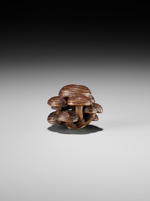 Lot 317 - A WOOD NETSUKE OF REISHI FUNGI