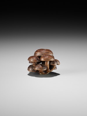 Lot 317 - A WOOD NETSUKE OF REISHI FUNGI