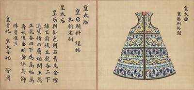 Lot 200 - A RARE AND IMPORTANT ALBUM LEAF FROM THE HUANGCHAO LIQI TUSHI WITH AN IMPERIALLY INSCRIBED SILK PAINTING OF THE EMPRESS DOWAGER AND EMPRESS CONSORT’S DRAGON VEST (CHAOGUA), QIANLONG PERIOD