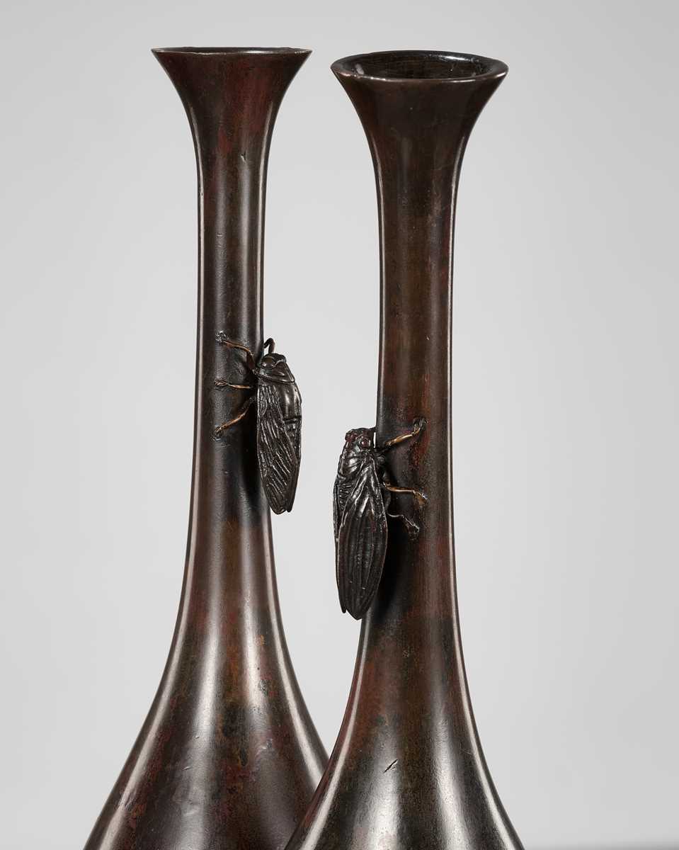 Lot 267 - A PAIR OF BRONZE VASES WITH CICADAS