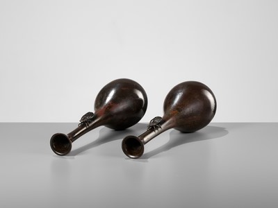 Lot 267 - A PAIR OF BRONZE VASES WITH CICADAS