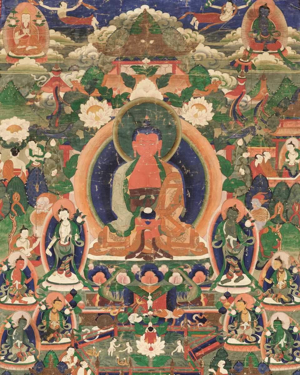 Lot 33 - A THANGKA OF BUDDHA AMITABHA IN SUKHAVATI, TIBET, 18TH CENTURY