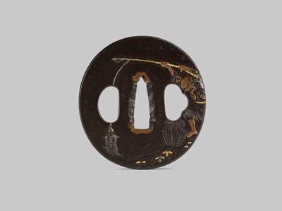 Lot 297 - A FINE IRON TSUBA DEPICTING URASHIMA TARO CATCHING A MINOGAME