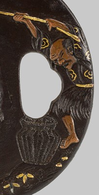 Lot 297 - A FINE IRON TSUBA DEPICTING URASHIMA TARO CATCHING A MINOGAME