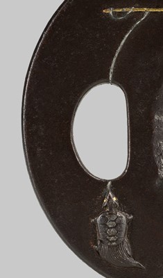 Lot 297 - A FINE IRON TSUBA DEPICTING URASHIMA TARO CATCHING A MINOGAME