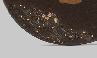 Lot 297 - A FINE IRON TSUBA DEPICTING URASHIMA TARO CATCHING A MINOGAME