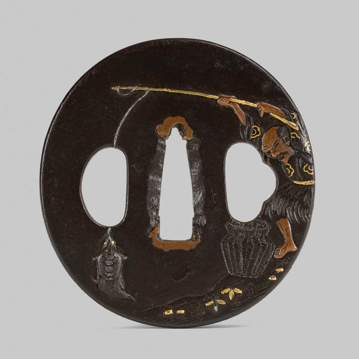 Lot 297 - A FINE IRON TSUBA DEPICTING URASHIMA TARO CATCHING A MINOGAME