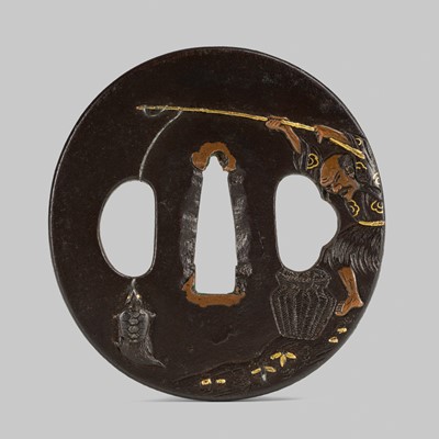 Lot 297 - A FINE IRON TSUBA DEPICTING URASHIMA TARO CATCHING A MINOGAME