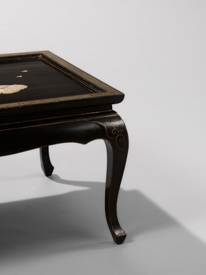 Lot 19 - A FINE ANTLER AND MOTHER-OF-PEARL INLAID BLACK-LACQUER LOW TABLE WITH FROLICKING MONKEYS