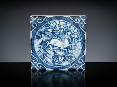 Lot 484 - A BLUE AND WHITE ‘QILIN’ TILE, LATE MING DYNASTY