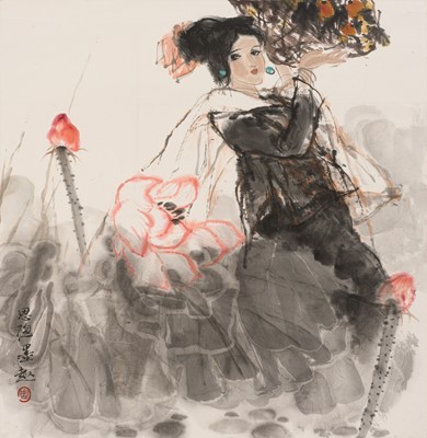 Lot 382 - ZHOU SICONG (1939-1996): ‘A LADY BY A LOTUS POND’