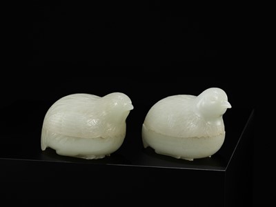 Lot 30 - AN EXCEPTIONAL PAIR OF WHITE JADE ‘QUAIL’ BOXES AND COVERS, QIANLONG PERIOD, 1736-1795
