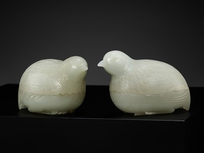 Lot 101 - AN EXCEPTIONAL PAIR OF WHITE JADE ‘QUAIL’ BOXES AND COVERS, QIANLONG PERIOD, 1736-1795