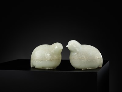 Lot 30 - AN EXCEPTIONAL PAIR OF WHITE JADE ‘QUAIL’ BOXES AND COVERS, QIANLONG PERIOD, 1736-1795
