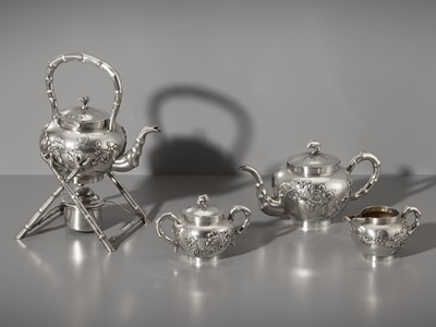 Lot 268 - A SIX-PIECE ‘CHRYSANTHEMUM’ 900/1000 SILVER TEA & COFFEE SERVICE, OVER 2 KG TOTAL WEIGHT, LATE QING DYNASTY