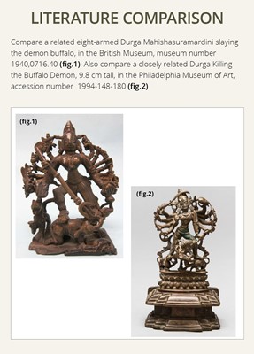 Lot 204 - A SMALL BRONZE FIGURE OF DURGA SLAYING THE BUFFALO-DEMON MAHISHA, INDIA, 16TH-17TH CENTURY