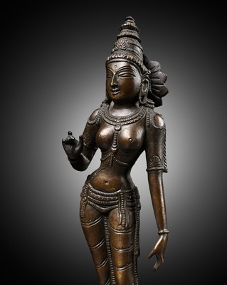 Lot 206 - A BRONZE FIGURE OF PARVATI, LATE VIJAYANAGAR TO NAYAK PERIOD