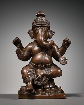 Lot 217 - A COPPER ALLOY FIGURE OF GANESHA, SOUTH INDIA, 18TH CENTURY