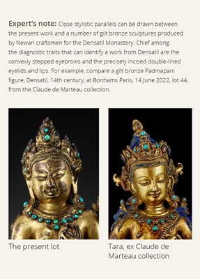 Lot 2 - A GILT AND TURQUOISE-INLAID COPPER ALLOY FIGURE OF GREEN TARA, DENSATIL STYLE, TIBET, 14TH CENTURY