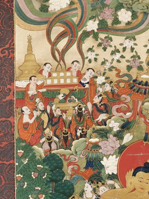 Lot 39 - A RARE THANGKA DEPICTING THE BUDDHA’S PARINIRVANA, TIBET, 18TH - 19TH CENTURY