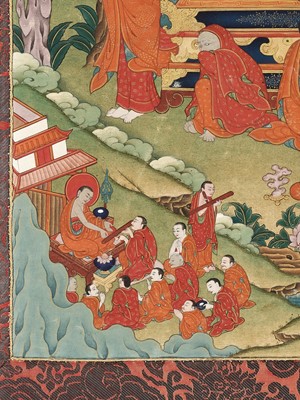 Lot 39 - A RARE THANGKA DEPICTING THE BUDDHA’S PARINIRVANA, TIBET, 18TH - 19TH CENTURY