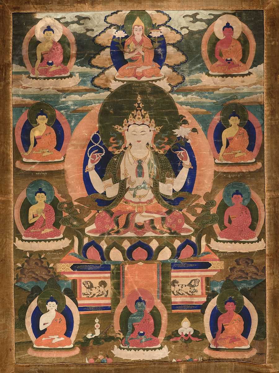 Lot 35 - A THANGKA OF CHATURBHUJA AVALOKITESHVARA, TIBET, 18TH - 19TH CENTURY