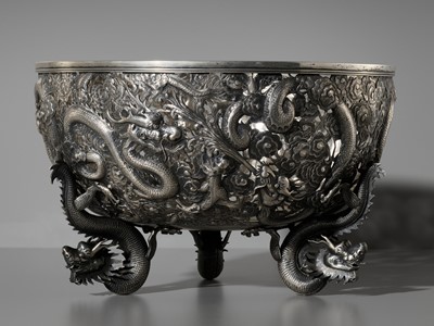 Lot 270 - A LARGE SILVER ‘DRAGON’ RETICULATED PUNCH BOWL, MARKS OF SUI CHANG AND WANG HING