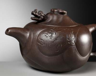 Lot 1384 - A YIXING STONEWARE ‘DRAGON AND CARP’ TEAPOT AND COVER, BY WANG YUYING, REPUBLIC PERIOD