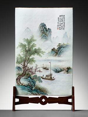 Lot 279 - A FAMILLE ROSE POETRY PLAQUE, WITH A SCENIC MOUNTAIN AND RIVER LANDSCAPE, CHINA, DATED 1898