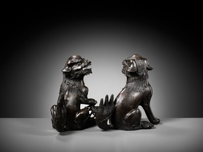Lot 79 - A PAIR OF LARGE BRONZE ‘BUDDHIST LION’ CENSERS, 17TH CENTURY