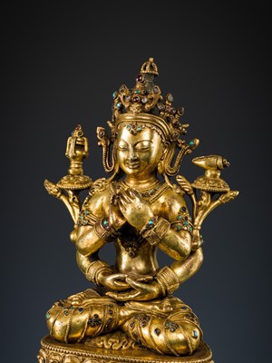 Lot 681 - A GILT BRONZE FIGURE OF PRAJNAPARAMITA, TIBET, LATE 19TH TO MID-20TH CENTURY