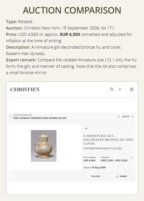 Lot 322 - A RARE BRONZE MINIATURE GARLIC-HEAD VASE, SUANTOUHU, HAN DYNASTY