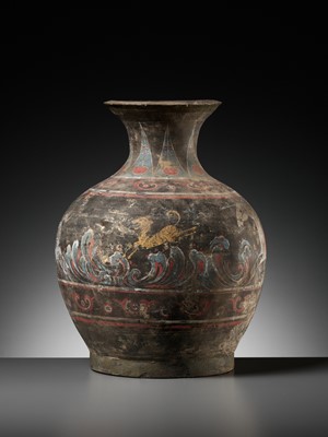 Lot 61 - A PAINTED POTTERY ‘ARCHER AND TIGER’ VASE, HU, HAN DYNASTY