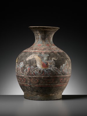 Lot 61 - A PAINTED POTTERY ‘ARCHER AND TIGER’ VASE, HU, HAN DYNASTY