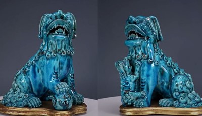 Lot 492 - A PAIR OF TURQUOISE-GLAZED FIGURES OF BUDDHIST LIONS, KANGXI PERIOD