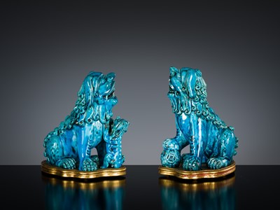 Lot 492 - A PAIR OF TURQUOISE-GLAZED FIGURES OF BUDDHIST LIONS, KANGXI PERIOD