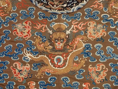 Lot 409 - A BROWN-GROUND SILK EMBROIDERED NINE-DRAGON ROBE, JIFU, QING DYNASTY