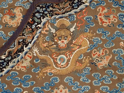 Lot 409 - A BROWN-GROUND SILK EMBROIDERED NINE-DRAGON ROBE, JIFU, QING DYNASTY