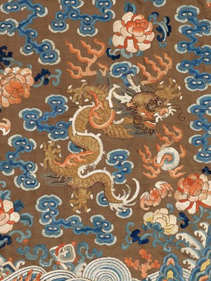 Lot 409 - A BROWN-GROUND SILK EMBROIDERED NINE-DRAGON ROBE, JIFU, QING DYNASTY