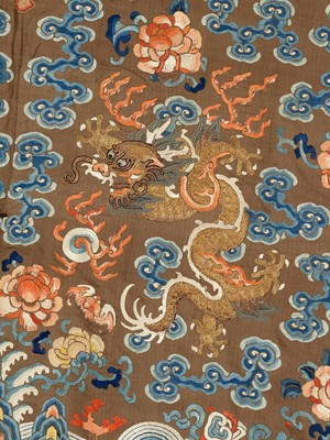 Lot 409 - A BROWN-GROUND SILK EMBROIDERED NINE-DRAGON ROBE, JIFU, QING DYNASTY