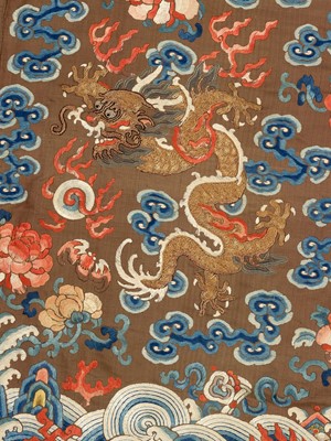 Lot 409 - A BROWN-GROUND SILK EMBROIDERED NINE-DRAGON ROBE, JIFU, QING DYNASTY