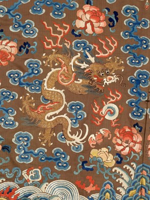 Lot 409 - A BROWN-GROUND SILK EMBROIDERED NINE-DRAGON ROBE, JIFU, QING DYNASTY