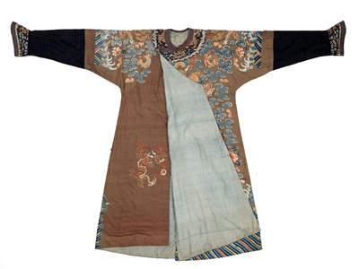 Lot 409 - A BROWN-GROUND SILK EMBROIDERED NINE-DRAGON ROBE, JIFU, QING DYNASTY