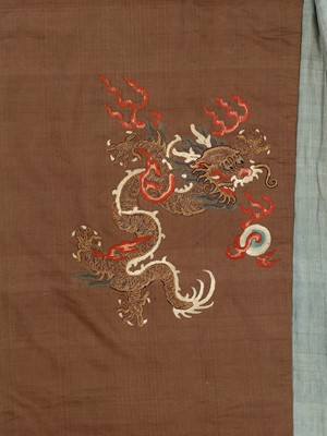 Lot 409 - A BROWN-GROUND SILK EMBROIDERED NINE-DRAGON ROBE, JIFU, QING DYNASTY