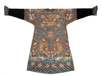 Lot 409 - A BROWN-GROUND SILK EMBROIDERED NINE-DRAGON ROBE, JIFU, QING DYNASTY