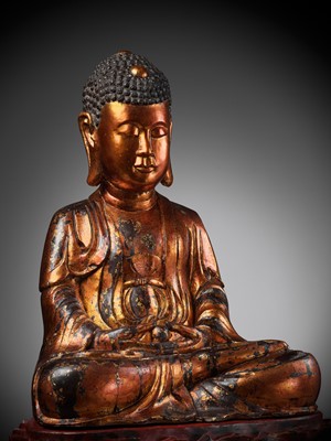 Lot 403 - AN EXTRAORDINARY LARGE GILT-LACQUER WOOD STATUE OF BUDDHA, VIETNAM, 17TH-18TH CENTURY