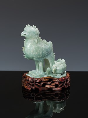 Lot 351 - AN ARCHAISTIC JADEITE ‘MYTHICAL BIRD’ GROUP OF TWO VESSELS AND COVERS, LATE QING DYNASTY TO REPUBLIC PERIOD